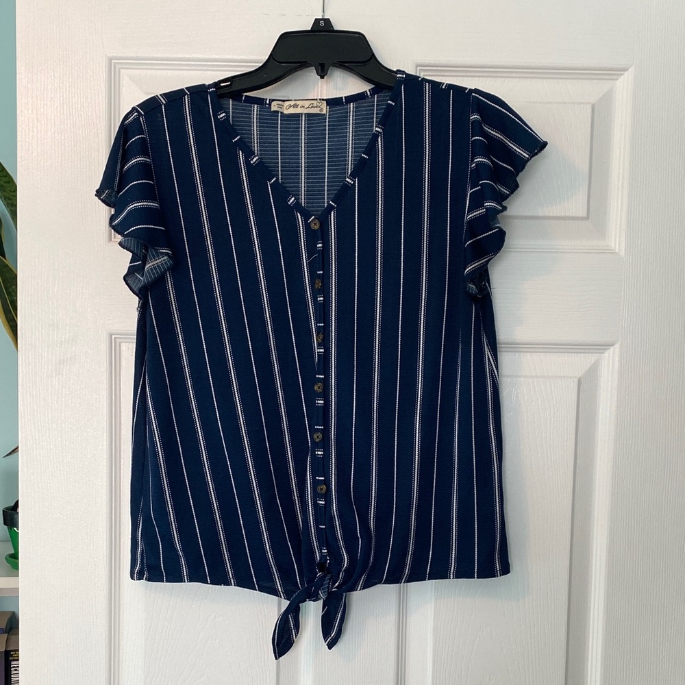 All in Love Navy and White Striped Ruffle Sleeve Blouse
